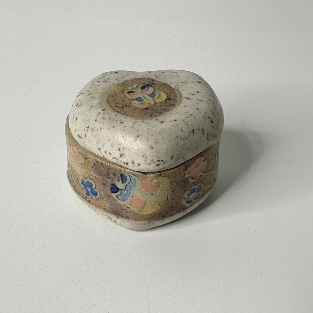 Vintage Signed Studio Pottery Heart Shaped Trinket Box Floral Butterfly Lidded